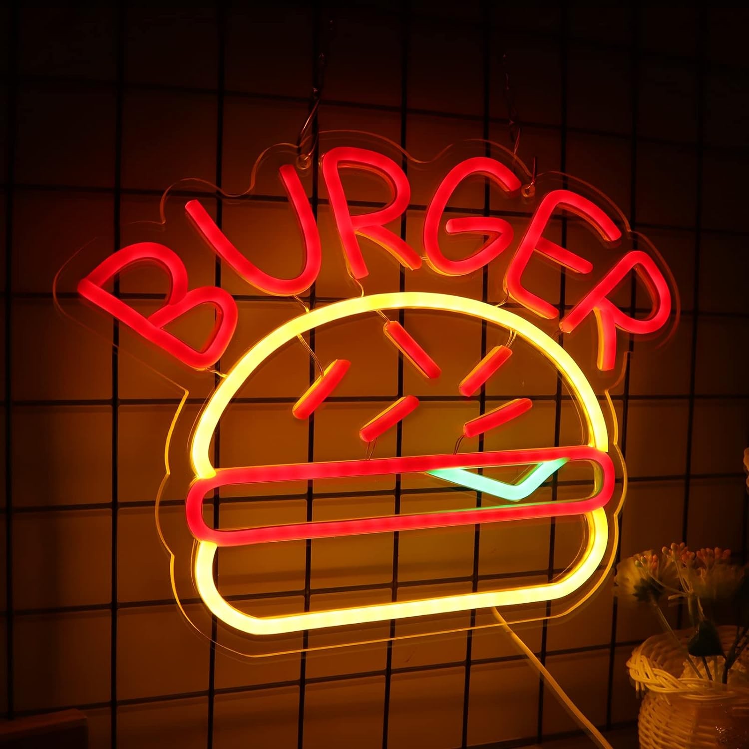 burgeru apgaismojums neona izkārtnes logotips uz sienas
